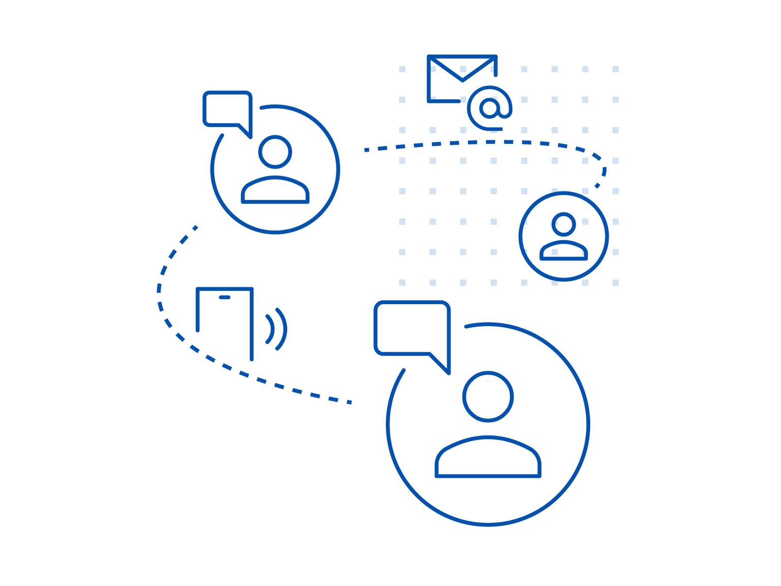 Die Illustration zeigt auf abstrakteweise verschiedenen Kommunikationskanäle, Telefon und E-Mail. Sie ist in einem blauen Linien-Stil erstellt.